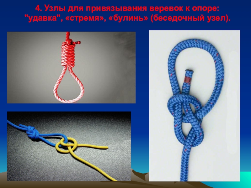 вяжем
туристические
узлы 4. Узлы для привязывания веревок к опоре:  4. Узлы для привязывания веревок к опоре: