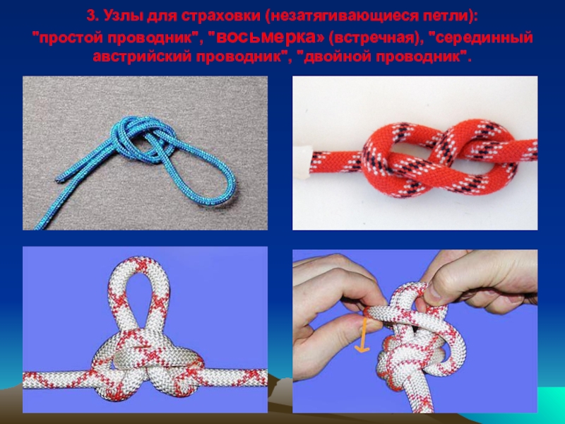 вяжем
туристические
узлы 3. Узлы для страховки (незатягивающиеся петли):  3. Узлы для страховки (незатягивающиеся петли):