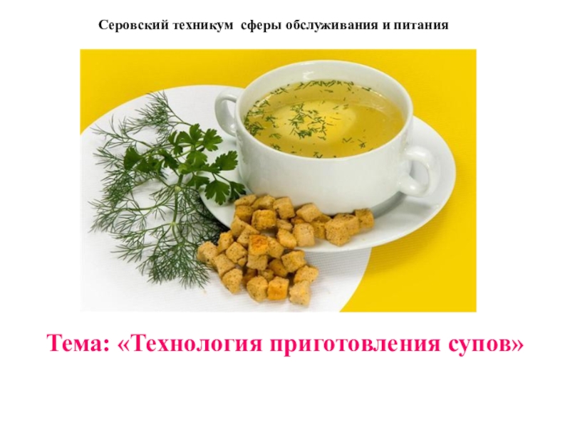 Тема: Технология приготовления супов
Серовский техникум сферы обслуживания и