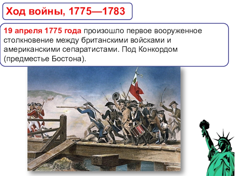 Война за независимость и образование США Ход войны, 1775—178319 апреля 1775 года произошло первое вооруженное столкновение между Ход войны, 1775—178319 апреля 1775 года произошло первое вооруженное столкновение между британскими войсками и американскими сепаратистами. Под