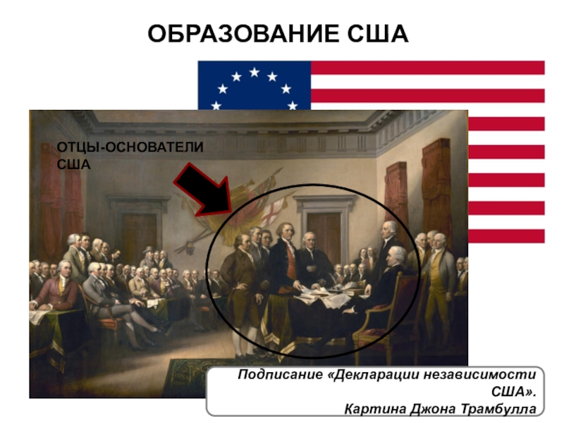 Война за независимость и образование США ОБРАЗОВАНИЕ СШАПодписание «Декларации независимости США».Картина Джона ТрамбуллаОТЦЫ-ОСНОВАТЕЛИ США ОБРАЗОВАНИЕ СШАПодписание «Декларации независимости США».Картина Джона ТрамбуллаОТЦЫ-ОСНОВАТЕЛИ США