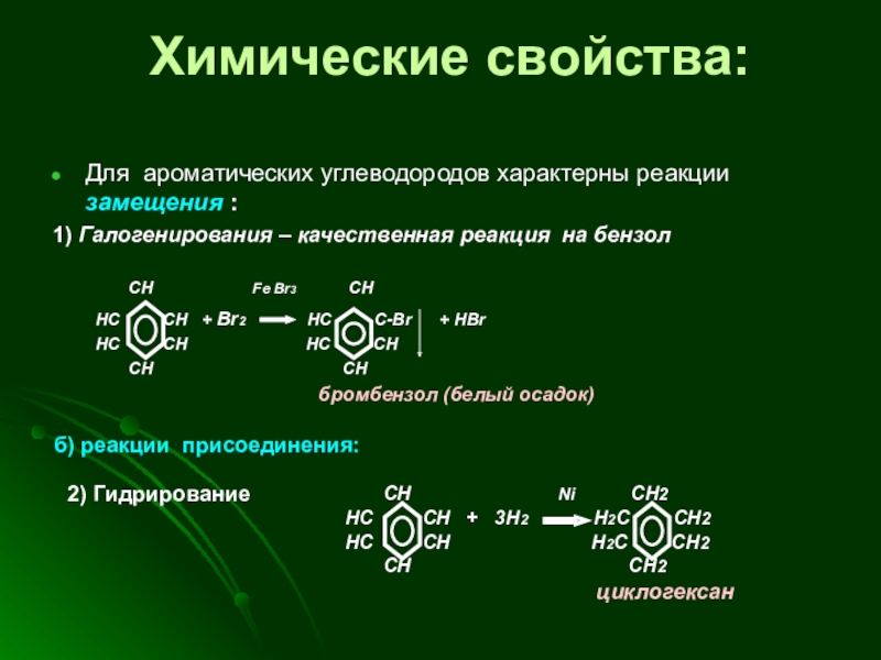 Реакции углеводородов с кислородом. Химические свойства ароматических углеводородов. Реакция галогенирования ароматических углеводородов.