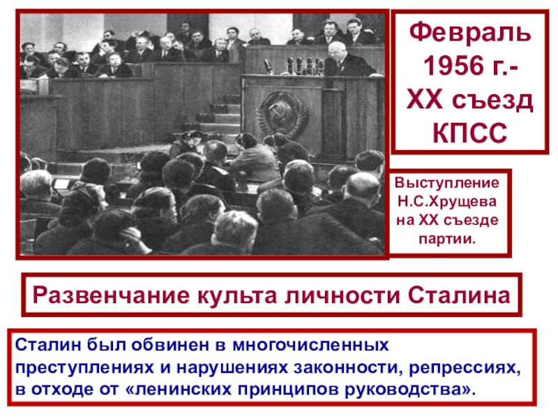 СССР
в 1953-1964 гг Выступление Н.С.Хрущева на XX съезде партии.Февраль 1956 г.-ХХ съезд КПССРазвенчание культа Выступление Н.С.Хрущева на XX съезде партии.Февраль 1956 г.-ХХ съезд КПССРазвенчание культа личности СталинаСталин был обвинен в многочисленных