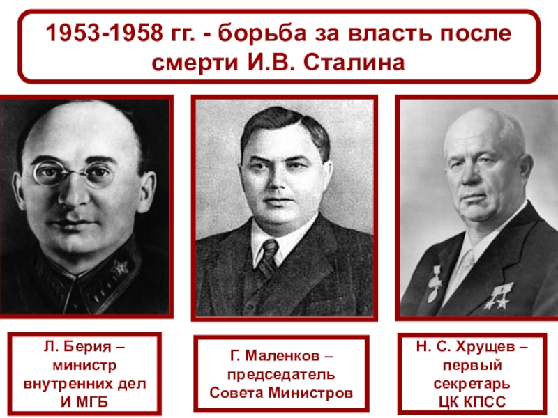 СССР
в 1953-1964 гг 1953-1958 гг. - борьба за власть после смерти И.В. СталинаЛ. Берия 1953-1958 гг. - борьба за власть после смерти И.В. СталинаЛ. Берия – министр внутренних делИ МГБГ. Маленков