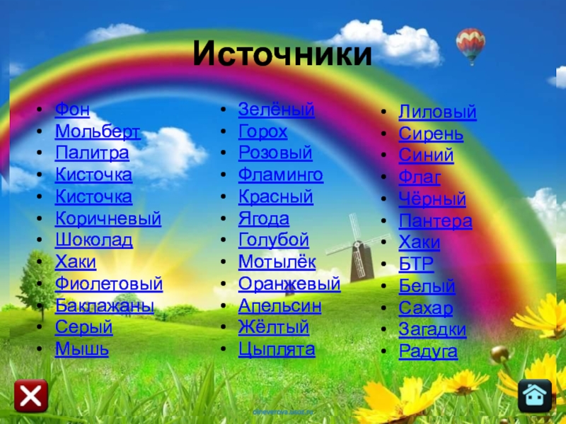 Палитра Загадки про цвета ИсточникиФонМольбертПалитра КисточкаКисточкаКоричневыйШоколадХаки ФиолетовыйБаклажаныСерыйМышь ЗелёныйГорохРозовыйФламингоКрасныйЯгодаГолубойМотылёкОранжевыйАпельсинЖёлтыйЦыплятаЛиловыйСиреньСинийФлагЧёрныйПантераХакиБТРБелыйСахарЗагадкиРадуга ИсточникиФонМольбертПалитра КисточкаКисточкаКоричневыйШоколадХаки ФиолетовыйБаклажаныСерыйМышь ЗелёныйГорохРозовыйФламингоКрасныйЯгодаГолубойМотылёкОранжевыйАпельсинЖёлтыйЦыплятаЛиловыйСиреньСинийФлагЧёрныйПантераХакиБТРБелыйСахарЗагадкиРадуга