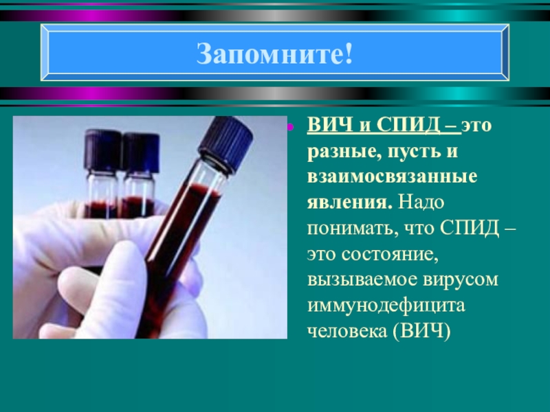 Понятие о ВИЧ- инфекции и СПИДе ВИЧ и СПИД – это разные, пусть и взаимосвязанные явления. Надо ВИЧ и СПИД – это разные, пусть и взаимосвязанные явления. Надо понимать, что СПИД – это состояние,