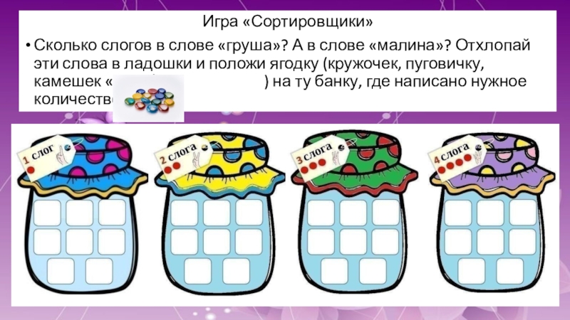 Ты, варись, моё варенье! Игра «Сортировщики»Сколько слогов в слове «груша»? А в слове «малина»? Отхлопай Игра «Сортировщики»Сколько слогов в слове «груша»? А в слове «малина»? Отхлопай эти слова в ладошки и положи