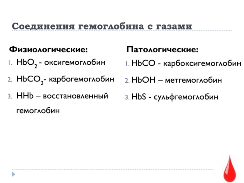 Физиологические соединения гемоглобина. Физиологические и патологические соединения гемоглобина. Соединения гемоглобина с газами. Перечислите соединения гемоглобина. Патологические соединения гемоглобина.