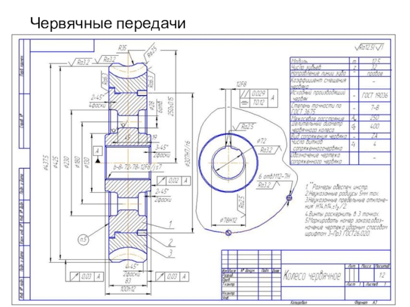 Чертеж червячной шестерни