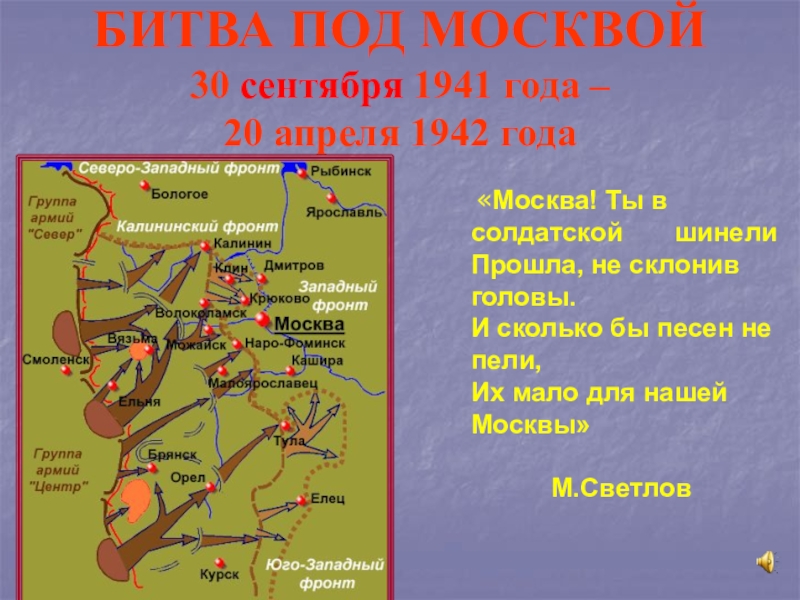 Презентация БИТВА ПОД МОСКВОЙ 30 сентября 1941 года – 20 апреля 1942 года