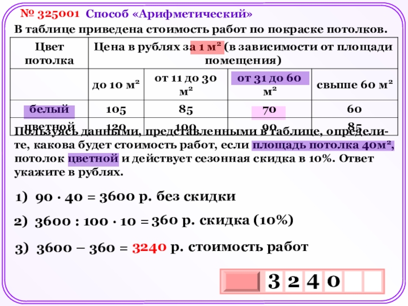 Используя данные представленные в таблице. В таблице приведены стоимость работ покраски потолка. В таблице приведена стоимость работ по покраске потолков. В таблице приведена стоимость работ. Пользуясь данными в таблице определите какова будет стоимость работ.