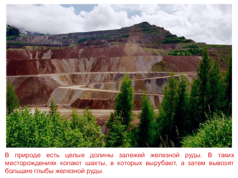 В природе есть целые долины залежей железной руды. В таких месторождениях копают шахты, в которых вырубают, а