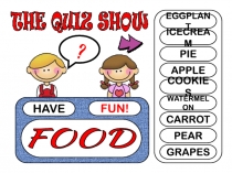 HAVE
FUN!
?
EGGPLANT
ICECREAM
PIE
APPLE
COOKIES
WATERMELON
CARROT
PEAR
GRAPES
FO