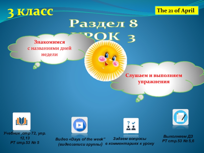 Презентация Раздел 8
УРОК 3
3 класс
The 21 of April
Знакомимся
с названиями дней