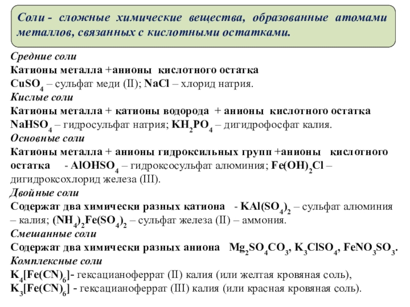 Сложные соли. Соединения, образованные атомами металлов и кислотными остатками.