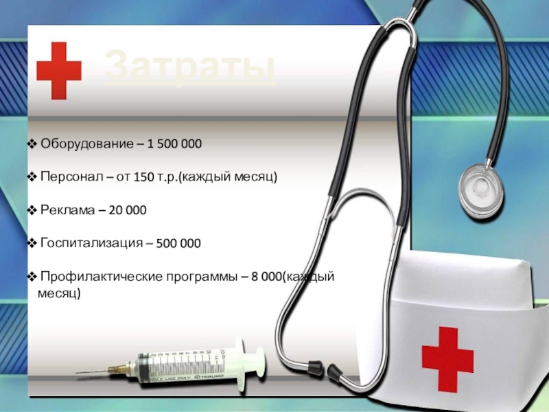 Затраты Оборудование – 1 500 000 Персонал – от 150 т.р.(каждый месяц) Реклама – 20 000 Госпитализация