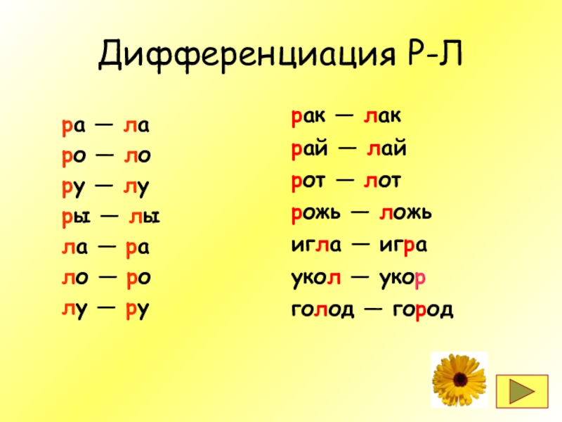 Ра ло. Дифференциация р-л. Р-Л. Дифференциация р ил. Список слов для дифференциации р л.