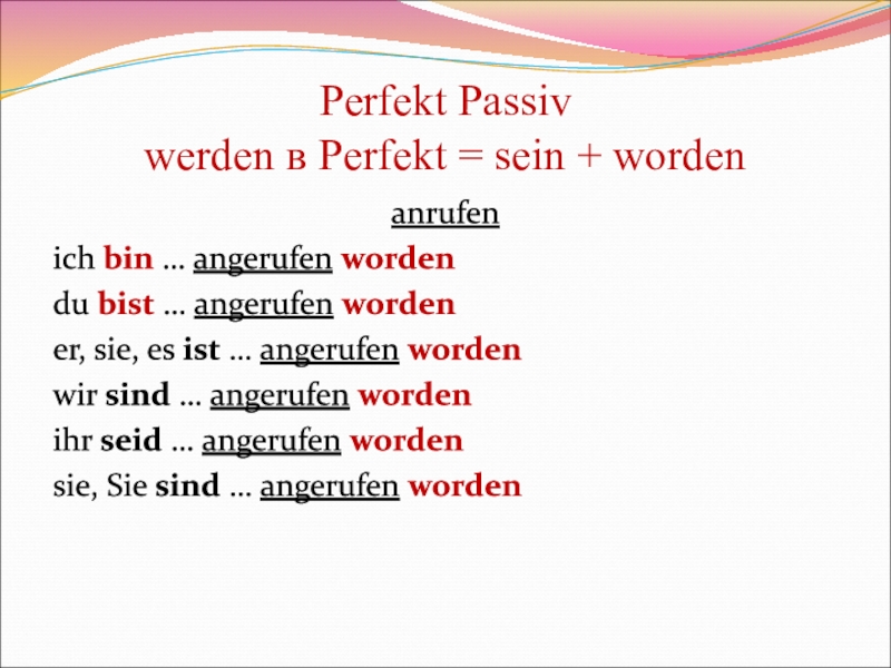 Perfekt Passiv werden в Perfekt = sein + wordenanrufenich bin . angerufen w...