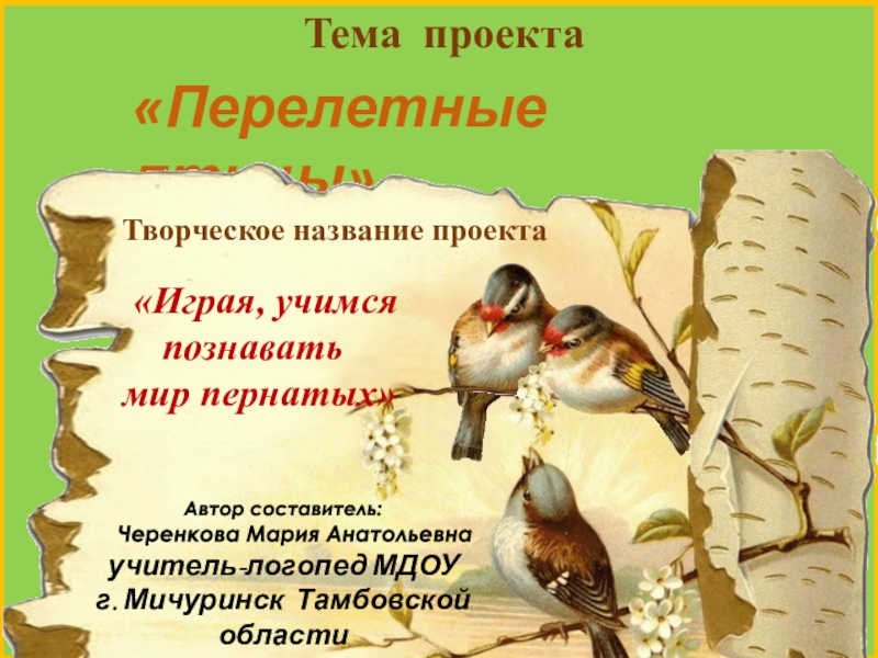 Тема проекта
Перелетные птицы
Автор составитель:
Черенкова Мария