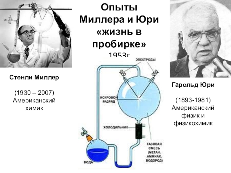Суть эксперимента миллера. Гарольд Клейтон Юри Химик. Эксперимент Миллера - Юри. Стенли Миллер и Гарольд Юри. Опыты Миллера и Юри (1953).