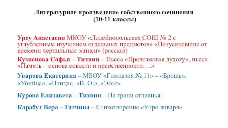 Литературное произведение собственного сочинения  (10-11 классы) Урсу Анастасия МКОУ «Лодейнопольская СОШ № 2 с углубленным изучением