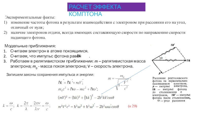 Расчет эффекта. Угол рассеяния фотона. Электрон отдачи при эффекте Комптона. Импульс электрона отдачи при эффекте Комптона. Скорость электрона отдачи при эффекте Комптона.