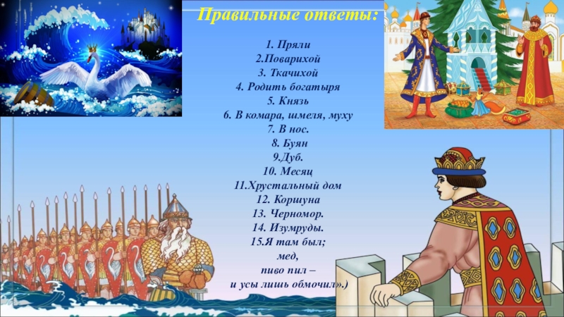 Правильные ответы: 1. Пряли2.Поварихой3. Ткачихой4. Родить богатыря5. Князь6. В комара, шмеля, муху7. В нос. 8. Буян9.Дуб.10. Месяц11.Хрустальный дом12. Коршуна13. Черномор.14. Изумруды.15.Я там был; мед, пиво пил – и