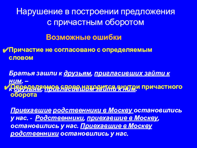 Нарушение в построении предложения с причастным оборотомВозможные ошибкиПричастие не согласовано с определяемым словомБратья зашли к друзьям,