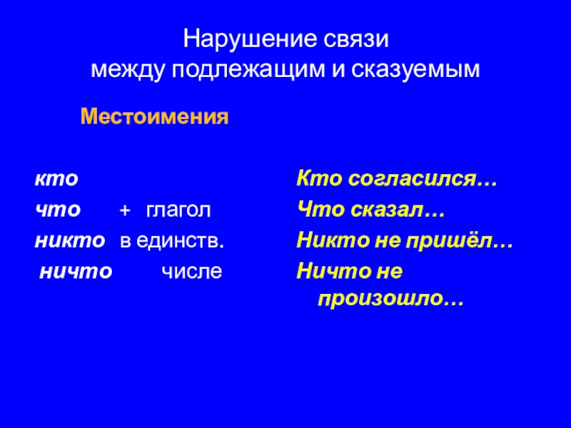 Нарушение связи  между подлежащим и сказуемымМестоимениякточто		+  глаголникто	в единств. ничто     числеКто согласился…Что