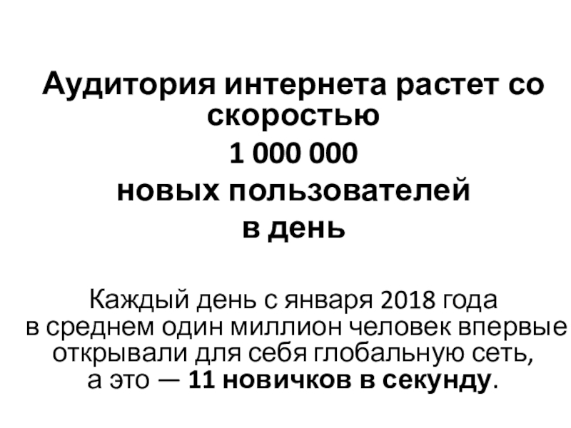 Аудитория интернета растет со скоростью
1 000 000
новых пользователей
в