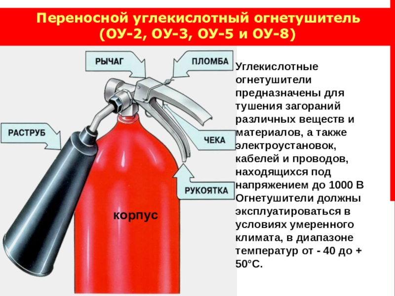 Углекислотный огнетушитель предназначен для тушения. Переносной углекислотный огнетушитель (ОУ-2, ОУ-3, ОУ-5 И ОУ-8). Огнетушитель углекислотный ОУ-2, ОУ-5, ОУ-8. Огнетушитель углекислотный ОУ-8(ОУ-5 иней). ОУ-2, ОУ-8 (углекислотные огнетушители) предназначены для тушения ..