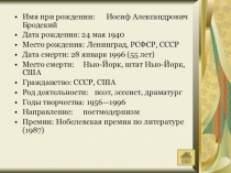 Имя при рождении: Иосиф Александрович Бродский
Дата рождения: 24 мая 1940
Место