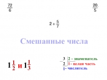Смешанные числа
1
1
2
1
1
3
и
3 2
2 1
1
- целая часть
- числитель
- знаменатель