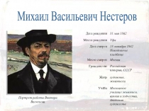 Михаил Васильевич Нестеров
Портрет работы Виктора Васнецова
Дата рождения
31