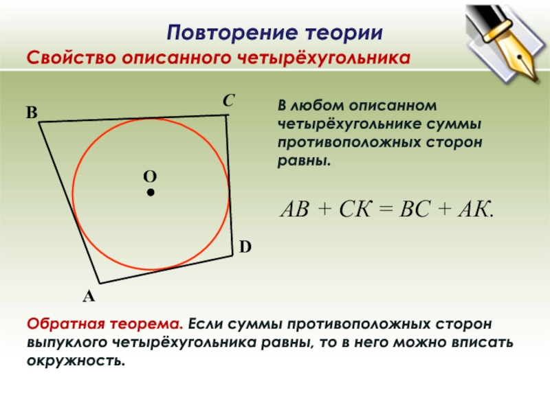 Каким свойством обладают стороны четырехугольника описанного около окружности рисунок