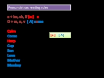 Pronunciation: reading rules
a + lm, sk, lf [a:] h a lf
O + m, n, v [   Λ ] s o