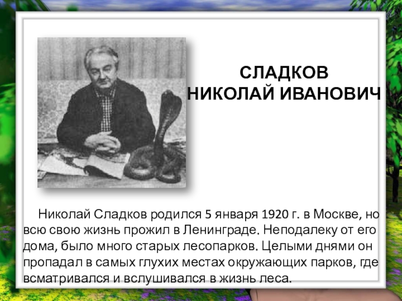 Презентация СЛАДКОВ
НИКОЛАЙ ИВАНОВИЧ
Николай Сладков родился 5 января 1920 г. в Москве, но