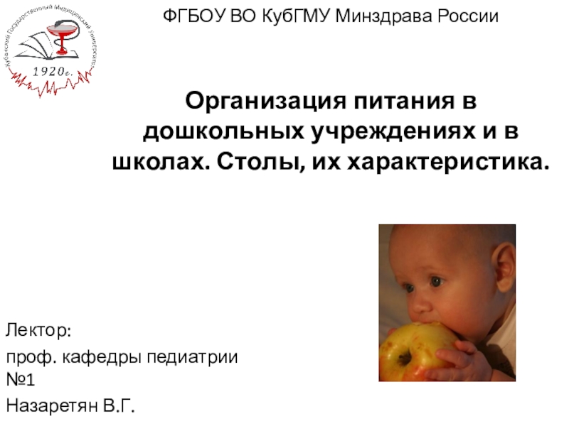 ФГБОУ ВО КубГМУ Минздрава России
Организация питания в дошкольных учреждениях и