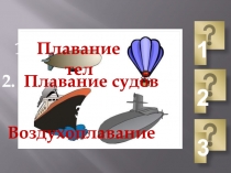 1. Плавание тел
3. Воздухоплавание
2. Плавание судов
1
2
3