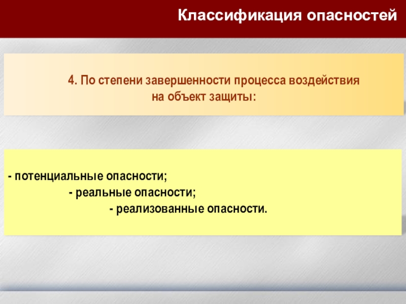 Выделяют опасности. Классификация опасностей. По степени завершенности процесса воздействия. Классификация опасностей по степени завершенности. Потенциальные опасности по степени завершенности процесса.