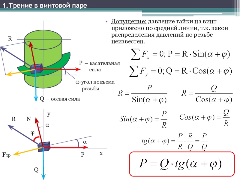 Пар трения. Трение в резьбовой кинематической паре. Осевая сила.