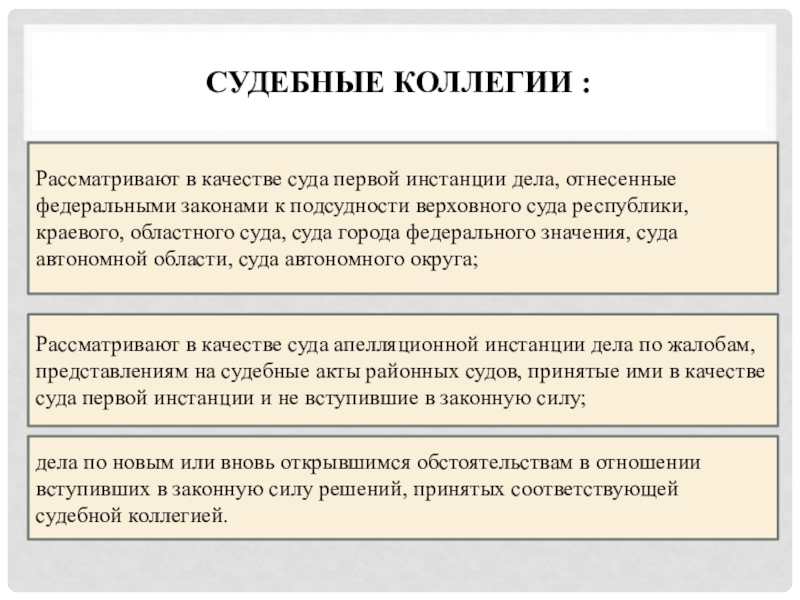 Подсудность верховного дела. Судебная коллегия. Судебные коллегии рассматривают дела в качестве:. Судебные коллегии инстанции. Подсудность дел Верховного суда Республики.