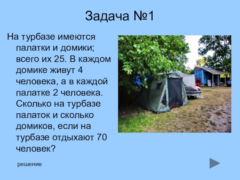 В 3 палатках жили. Задача про палатки. На туристической базе имеются палатки и домики; всего их 25. На сколько человек есть палатки. На турбазе имеются палатки и домики всего их 25 в каждом домике живут 4.