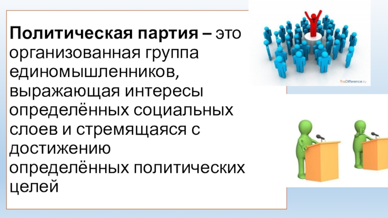 По способу организации различают партии. Политическая партия выражает интересы правительства. Выражает интересы определённых социальных слое.