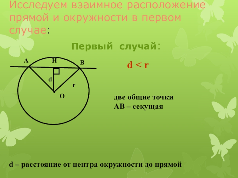 Расстояние от окружности до прямой c. Взаимное расположение прямой и окружности. Центральные углы и углы вписанных во окружности презентация. Свойства центрального угла в окружности. Вписанный угол 1 случай.