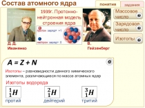 понятия
задания
Состав атомного ядра
Д. Д. Иваненко
В. Гейзенберг
1939г