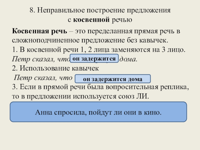 8. Неправильное построение предложения с косвенной речьюКосвенная речь – это переделанная прямая речь всложноподчиненное предложение без