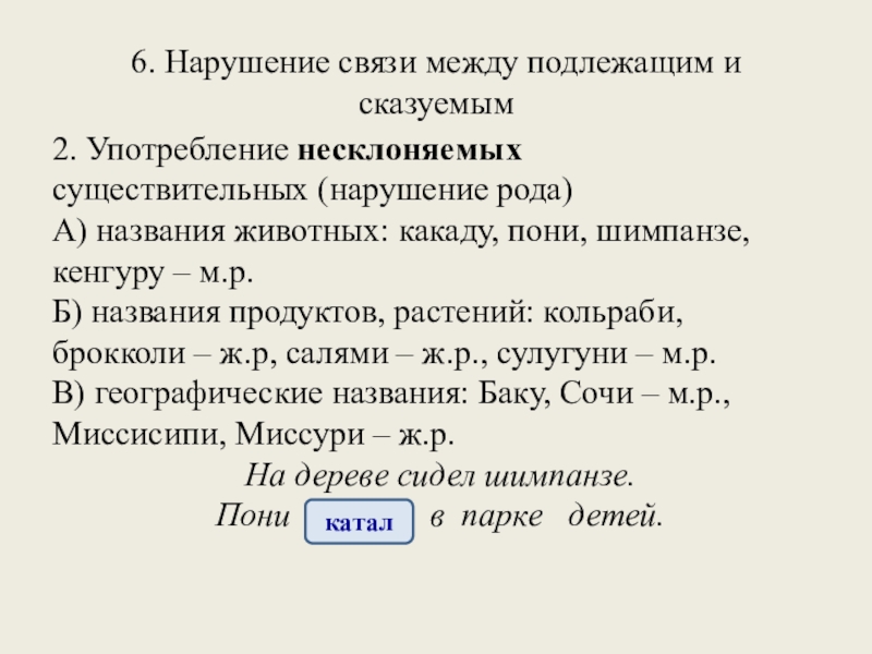 6. Нарушение связи между подлежащим и сказуемым2. Употребление несклоняемыхсуществительных (нарушение рода)А) названия животных: какаду, пони, шимпанзе,кенгуру –