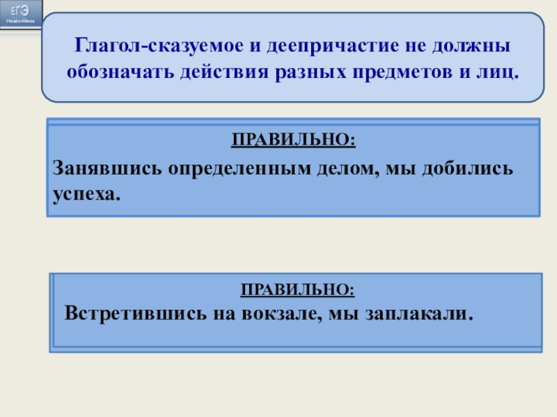 Глагол-сказуемое и деепричастие не должны обозначать действия разных предметов и лиц. Занимаясь определённым делом, оно начинает хорошо