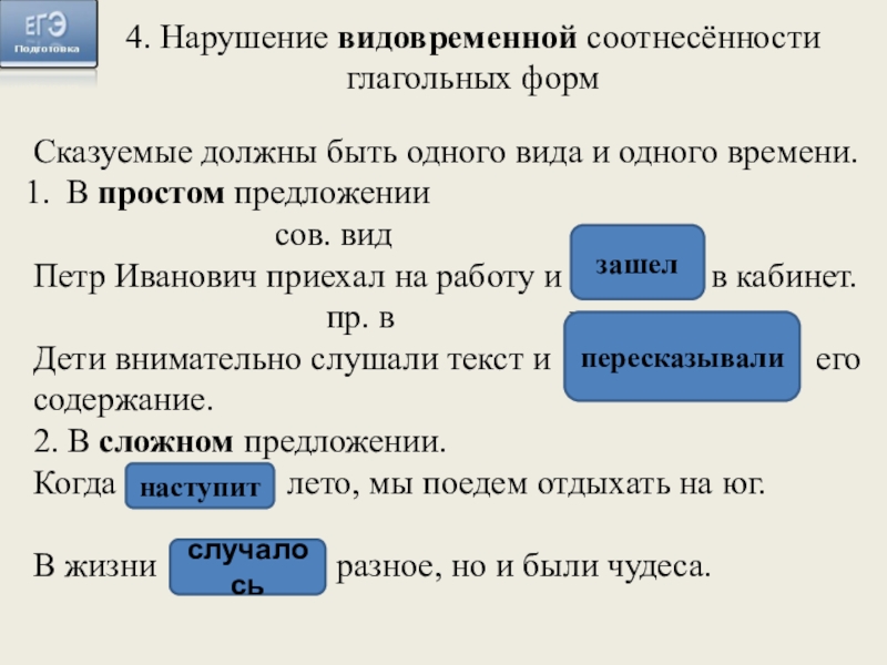 4. Нарушение видовременной соотнесённости глагольных форм Сказуемые должны быть одного вида и одного времени.В простом предложении